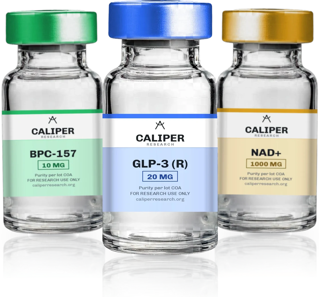 Three Caliper Research vials — BPC-157, GLP-3 (R) and NAD+ — each with a batch-coded label