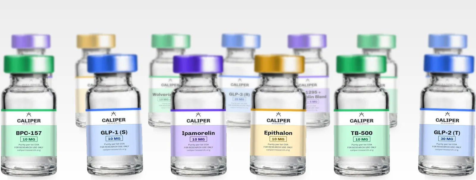 Rows of Caliper research vials, cap colours marking each research category